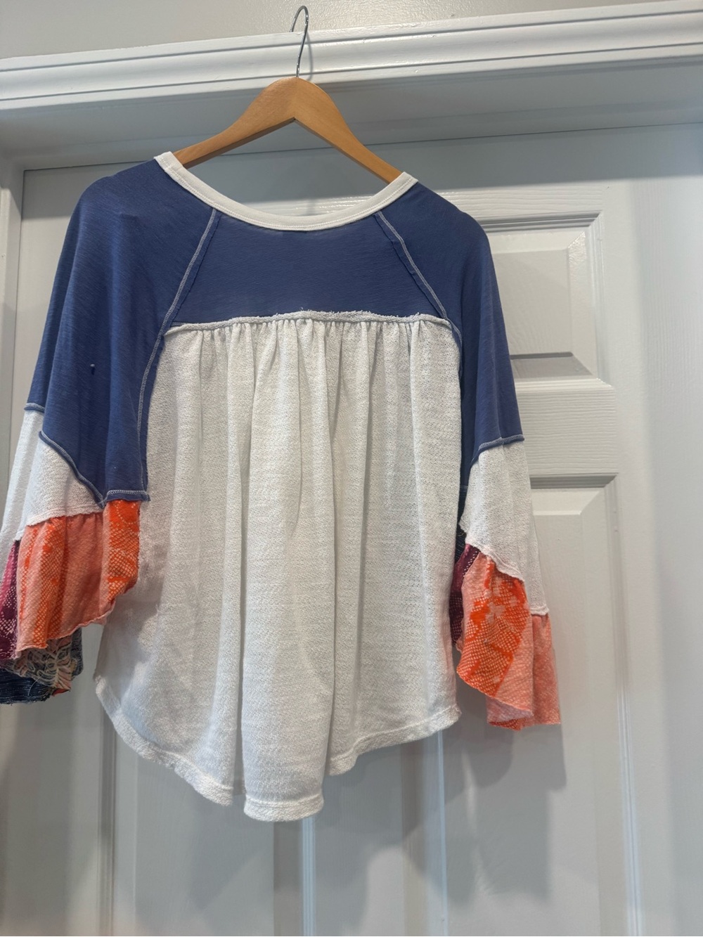 Free People Blue, White & Orange Mixed-Media Babydoll Top